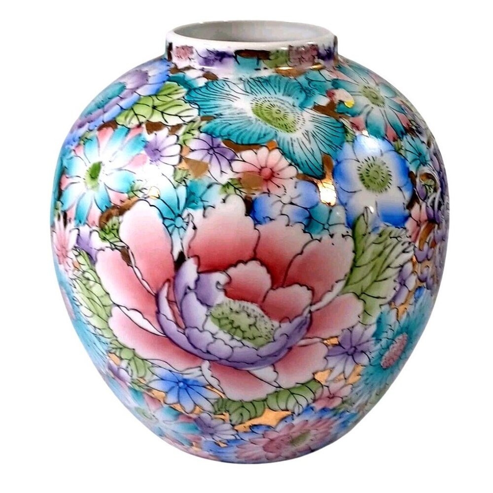 Fine Chinese Porcelain Thousand Flowers Gold Leaf Large Ovoid Ginger Jar Vase 9" - Picture 2 of 7
